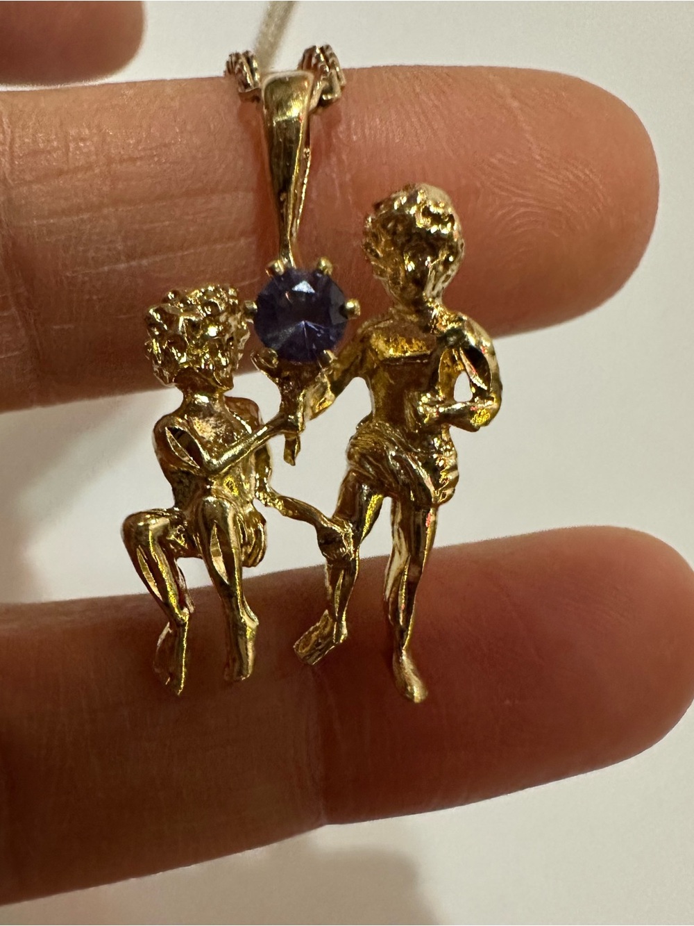 Vintage Gemini sign Gold-Tone Cherub Pendant Necklace with Purple Accent